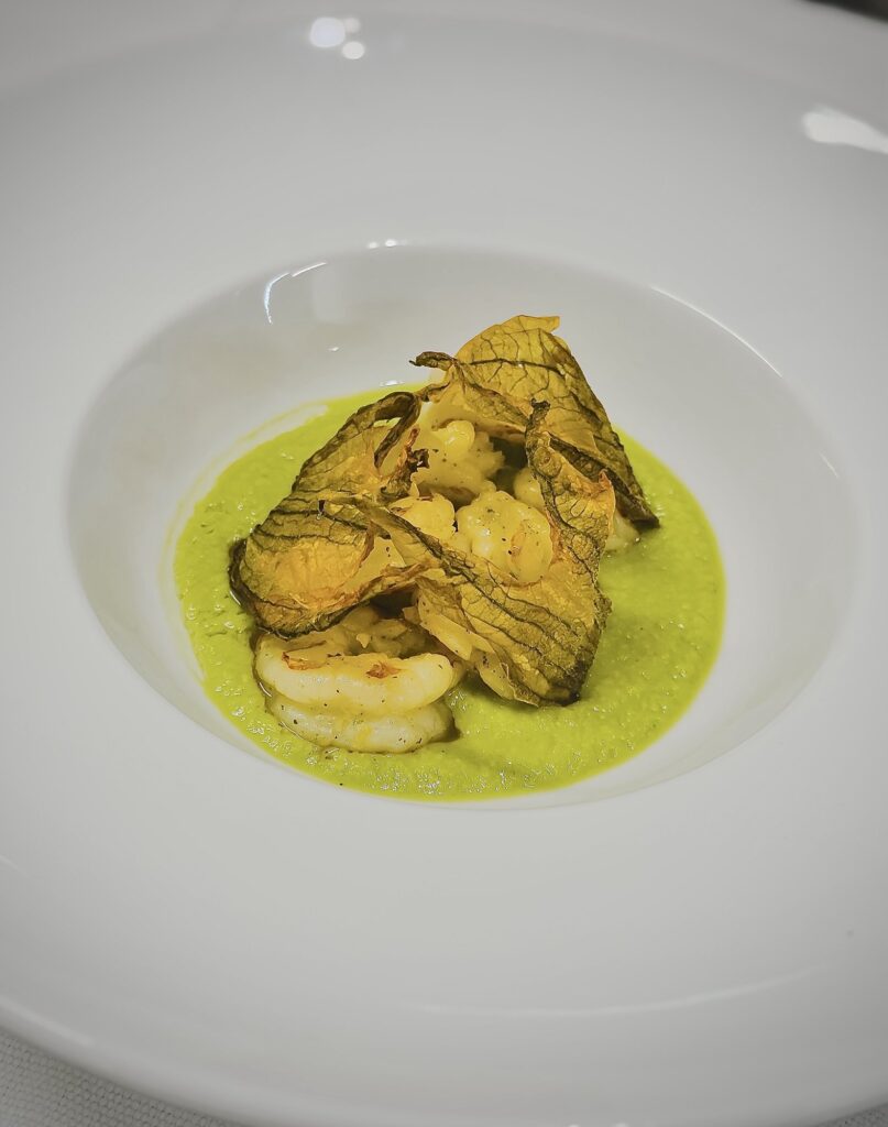 Gamberi scottati su crema di piselli – Ristorante Parc Hotel, Poppi